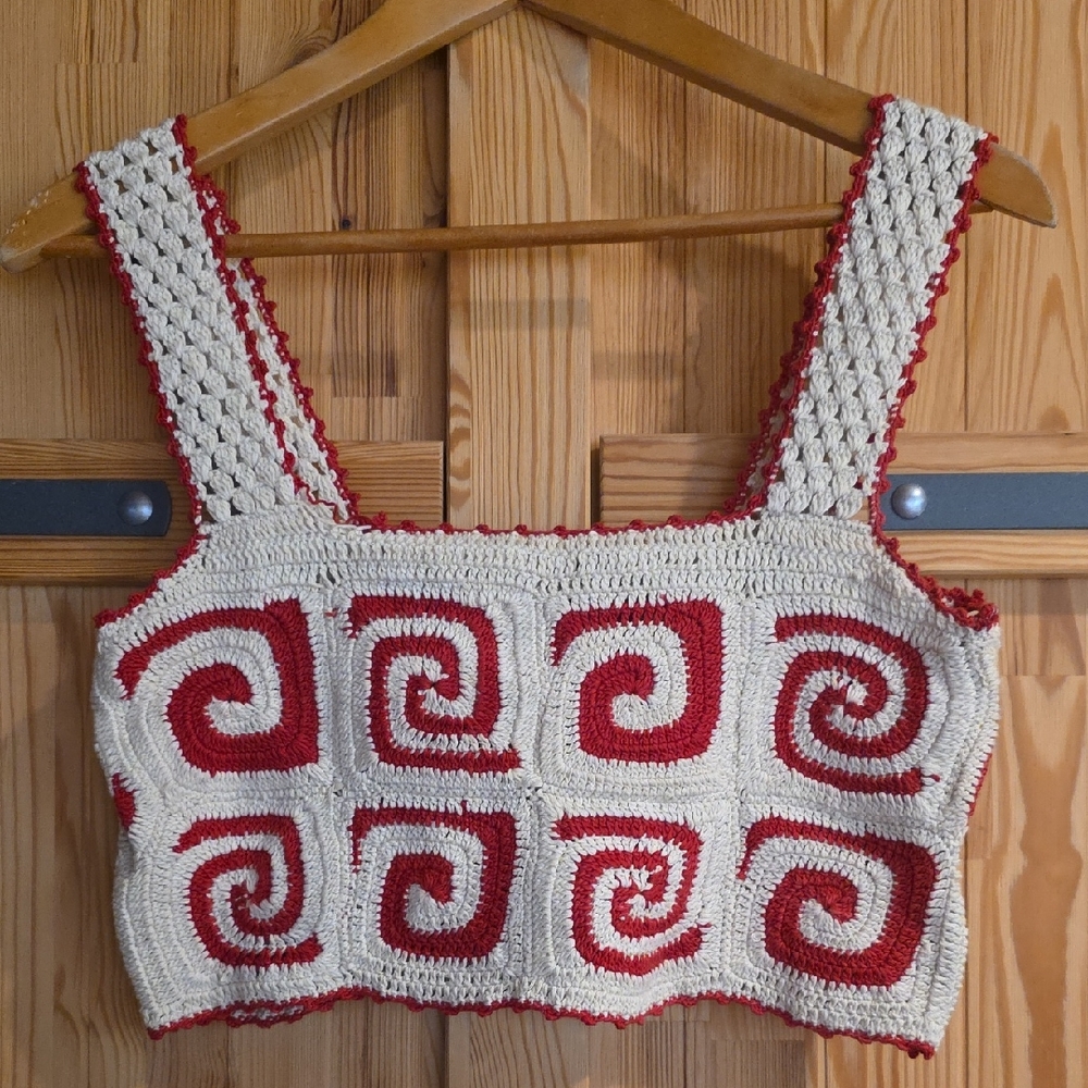 NEW $250 RHODE SLOANE HAND CROCHET CROP TOP IN RED & CREAM SIZE S - Picture 2 of 11